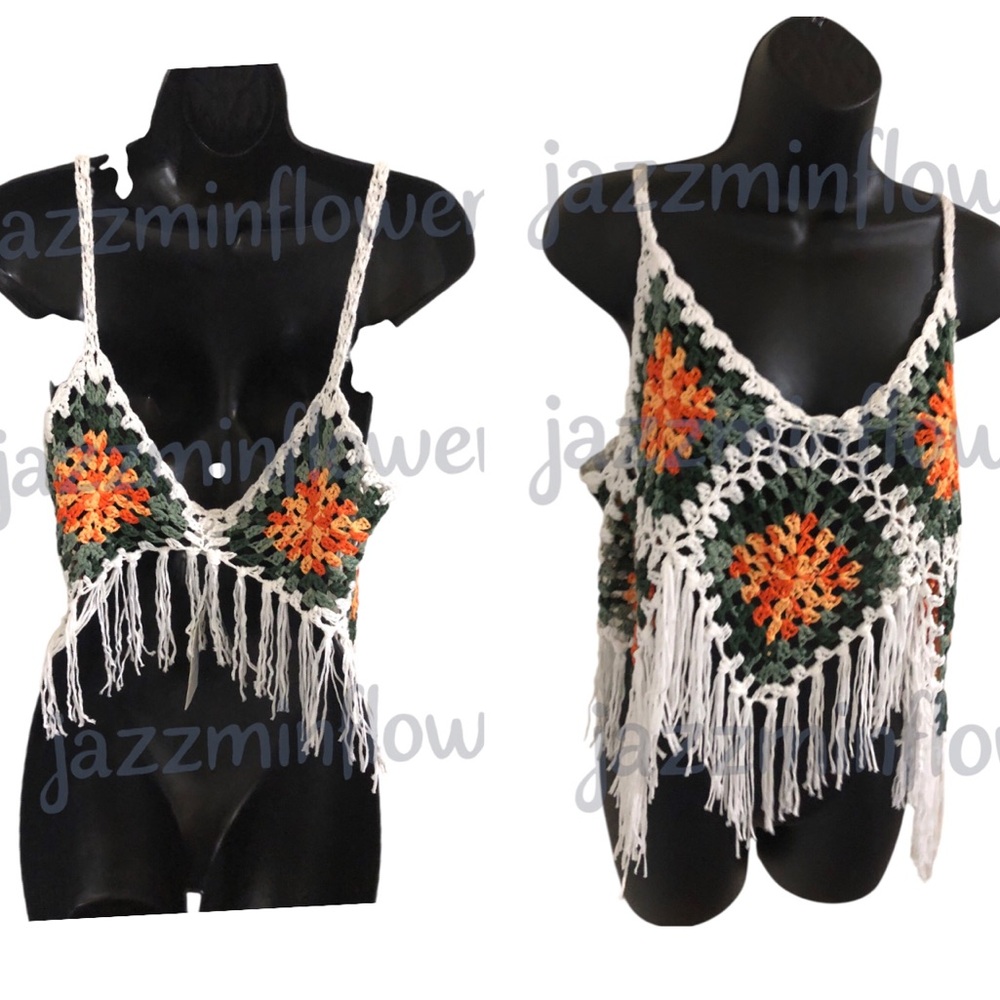 White multicolored crochet net fringed boho v-neck tank top size large new
